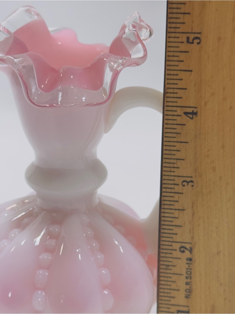 Vintage 1940's Fenton White Pink Ruffled Edge Beaded Melon Glass Pitcher Attache - Picture 11 of 12